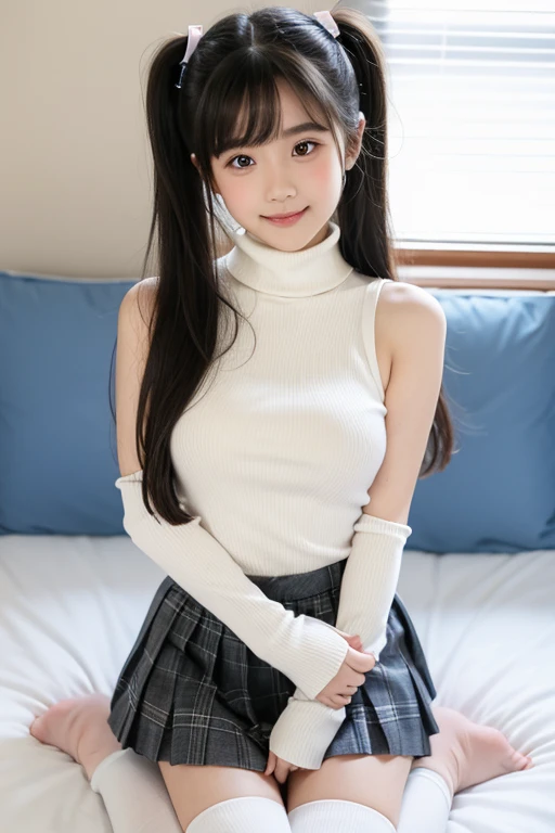 Checkered pleated skirt、Twin tails、cute、cute顔、Short skirt、Realistic、Highest quality、masterpiece、slim、White ribbed sleeveless turtleneck、smile、Big Breasts,,,Turtleneck nipple、White folded socks、 First grade of elementary school, whole body, Sexy Elementary ...