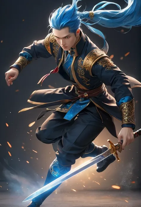 Middle-aged Chinese man，handsome face，Standing full body，Shoulder length blue hair，（Whole body proportions），style of anime，（Taoist Male），（Whole body proportions）The proportions are correct.，face details，（Red glowing eyes），Looks bad，high ponytail hairstyle，...