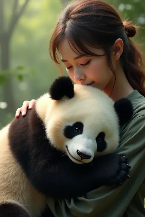 Hyper realistic image of panda in womens lap with bold eyes and fur 