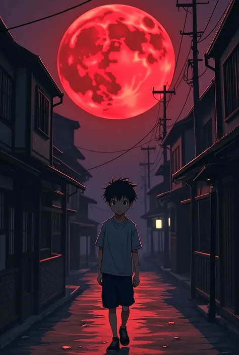 A BOY walking down the street scared looking at the full blood moon (vibe anime)