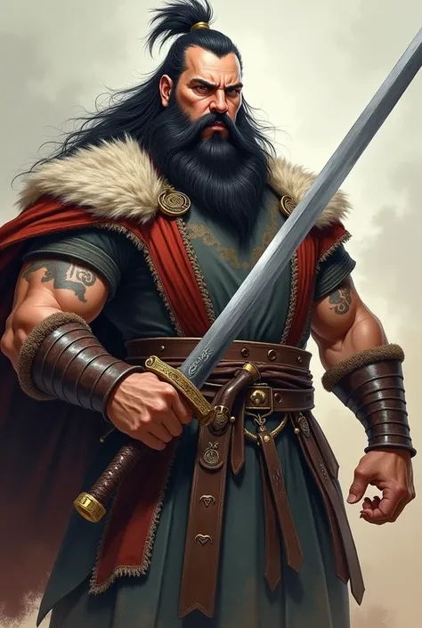 rpg image, Middle-aged barbarian, Cao Cao, caricaturemuscular, black medium hair, eyes browns, viking clothes, Caucasian skin, Holding a Japanese Katana, serious expression, medium black beard.