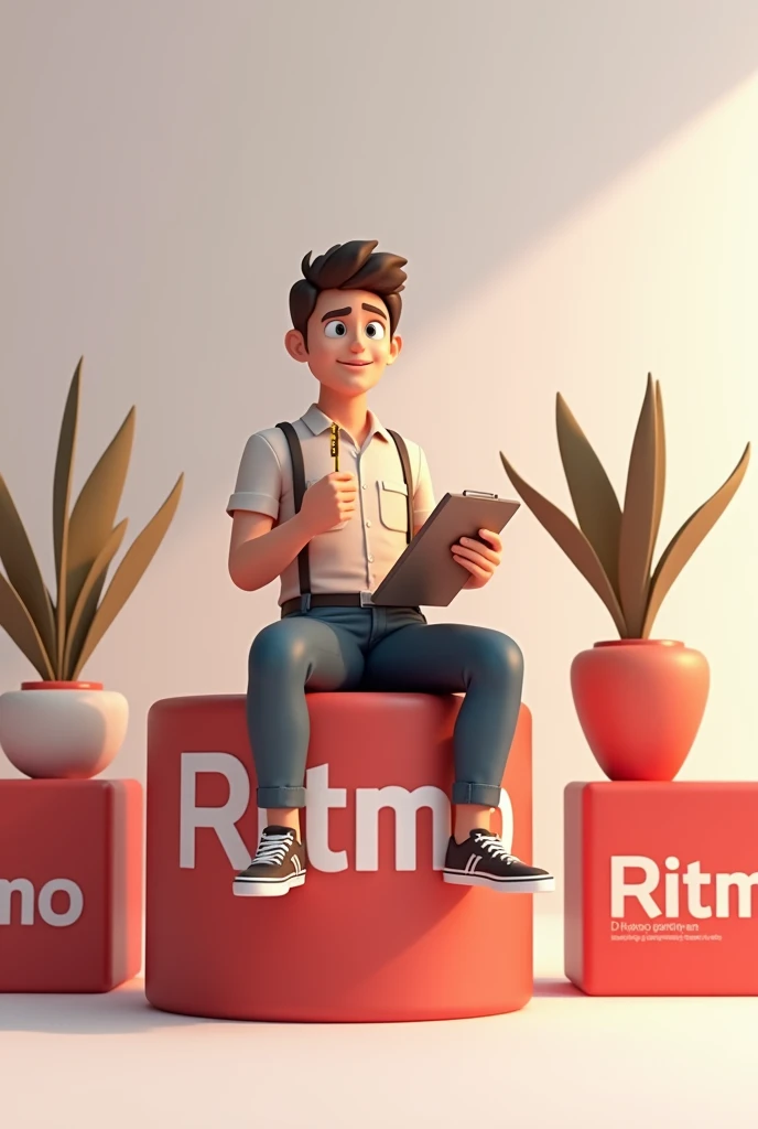 Create a 3D illustration of a male animated character sitting casually on top of a custom piece of furniture marked “RITMO”, example: “custom table or cabinets”. The character must be holding a clipboard and a measuring tape, wearing modern furniture sales...