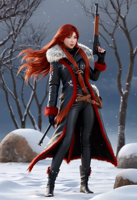 A female hunter in a combat pose, holding a rifle, standing in the snow, oriental style, Blade and Soul inspired, long red hair, wearing a leather and fur coat, cold atmosphere, artwork, 3D, 4K, highly detailed, photorealistic