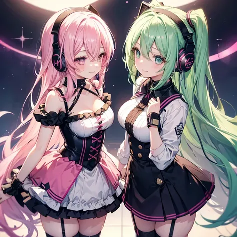 2 girls、Long Hair、Long eyelashes、Ample breasts、Face to face、headphone、Miniskirt、choker、garter、smile、Pink Hair、Green Hair、profile、Look at each other&#39;s faces、Long gloves、Butterfly Accessories、No sleeve、sing、Open Mouth、Diva、Idol、Live Stage、Spotlight、Butte...