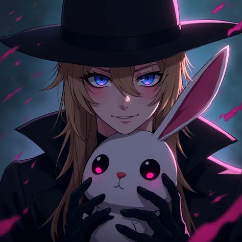 a young male, with long dirty blonde hair, Blue eyes, long lashes, delicate features, black eyeliner, black gloves, and sexy black clothes. black hat. blood splatter. Absolute God. Mysterious. midnight. Anime style. Sexy. Holding a scary, spooky rabbit plu...