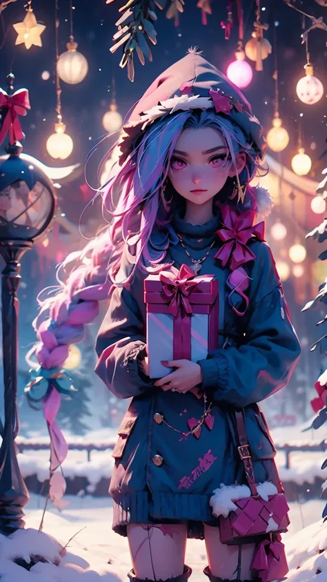 jinx, pastel color, pink eyes, blue hair, full body, christmas tree, gift, christmas, gift box