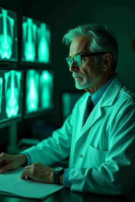 radiologist doctor looking at x-ray images in shades of green