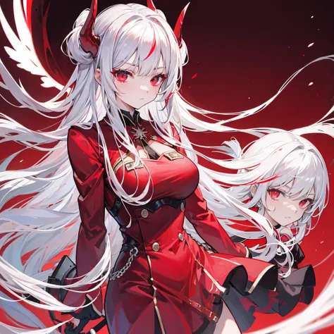 Silver hair, red eyes, long hair, red horns, red devil wings, G_CUP (HUGE_CHEAST), pretty face, cute face, brown suit, red dress shirt 