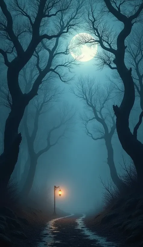 A hauntingly beautiful veil of dark fog sweeps across a moonlit forest. The trees stand tall, their twisted branches glowing faintly with the ethereal energy of forgotten magic, while a single glowing lantern guides the way.