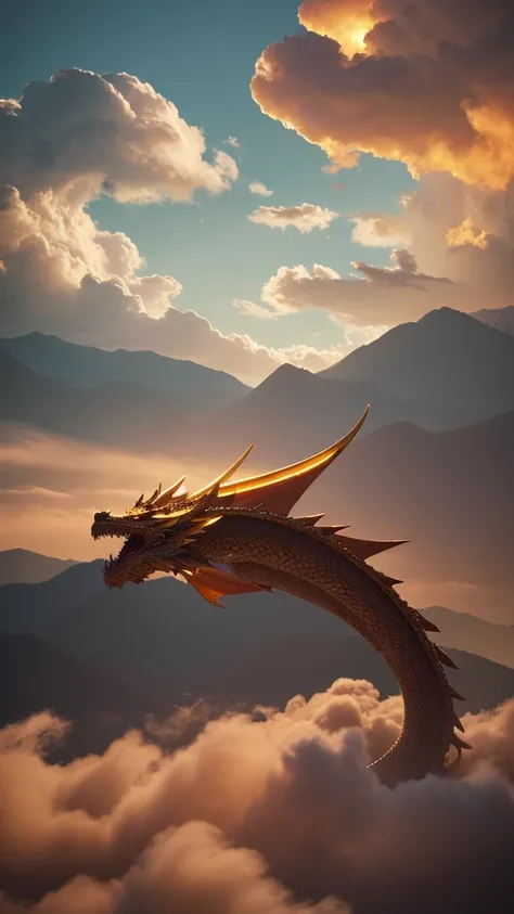 (masterpiece), (The best quality at its best), Cinematic Quality，Rendering with Octane，Ultra-detailed details，Giant Chinese Golden Dragon，Cloud dragon made of white clouds，Slender Dragon Body，Body of Revolution，Dragon Tail，Dragon Horn，Dragon Claw，
