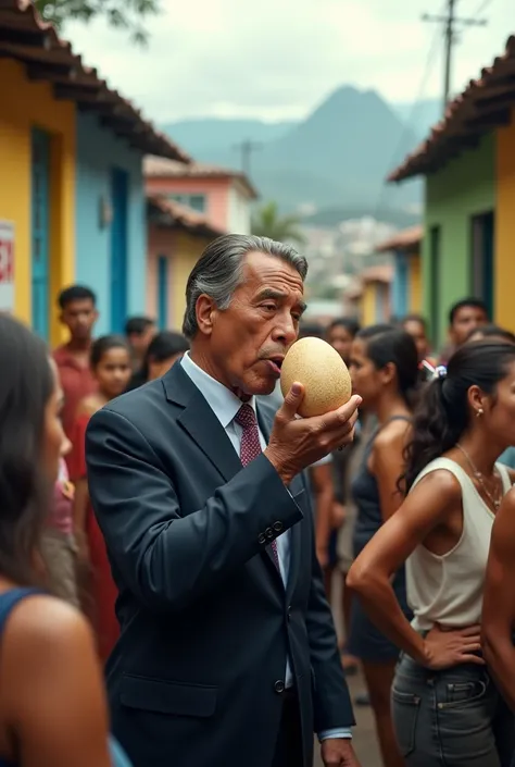 A politician at a rally in a favela in Rio de Janeiro, licking a hairy egg among the villagers, super realistico, HD 