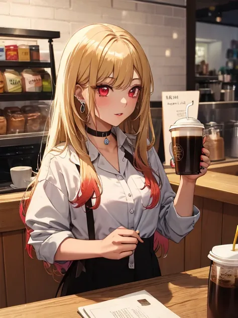 Coffee shop, Kitagawa Marine, One girl, Blonde Hair, Long Hair, Multicolored Hair, Red eyes, jewelry, Earrings, Earrings, Black choker, uhd, retina, masterpiece, ccurate, anatomically correct, textured skin, super detail, high details, high quality, best q...