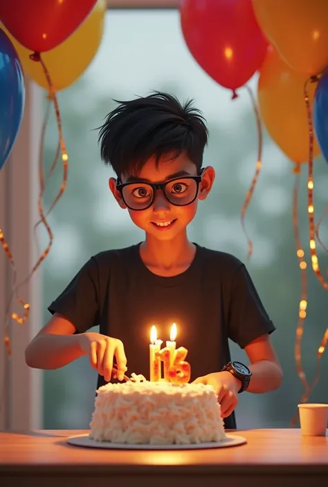 A  boy wearing black glasses standing behinde table and cutting cake of  his 14th birthday with ballons wearing black t shirt and watch on left reist 