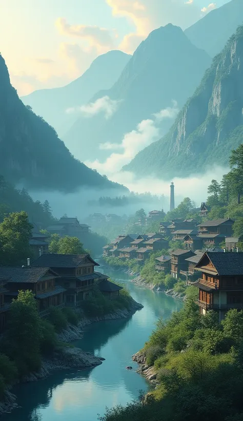 A peaceful mountain village at sunrise, surrounded by mist-covered hills, traditional wooden houses with smoke rising from chimneys, and a serene river flowing through the village