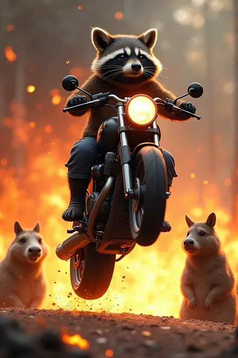 A raccoon on a motorcycle jumping on a ramp with fire behind it while a horse and a capybara look at it while crying 