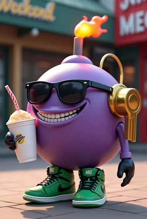 Purple round bob-omb, with a key to wind type 8 located on the back of it with a gold color, with green Nike Jordan brand tennis shoes with a fire wick on his head, with dark sunglasses, Drinking a slushy cocktail in a white styrofoam cup, with the name of...