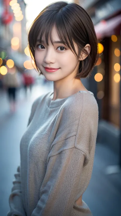 Tabletop, Highest quality, Realistic, Very detailed, finely, High resolution, 8k wallpaper, Cinema Lighting、1 person、Cute Japanese Woman、Age 25、Brown short hair, Wearing a grey long sleeve sweatshirt、 (Blurred Background、Shopping Street、Natural light)、Shar...