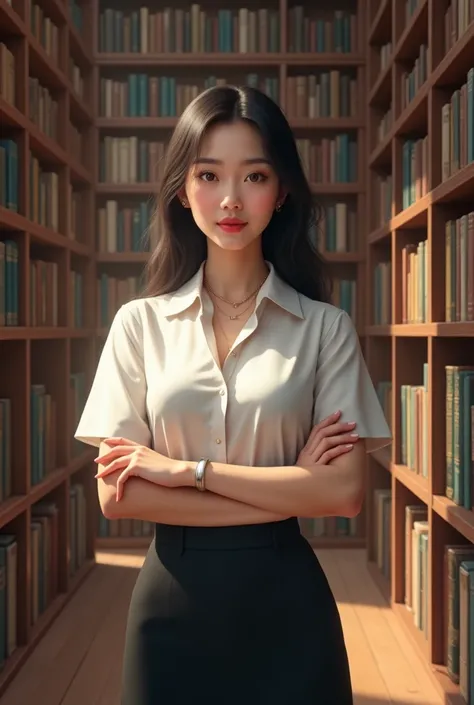 A beautiful young Asian woman standing confidently in a large, well-organized library. She is wearing a smart, professional outfit consisting of a white short-sleeve blouse and a black skirt. The background features tall wooden bookshelves filled with book...