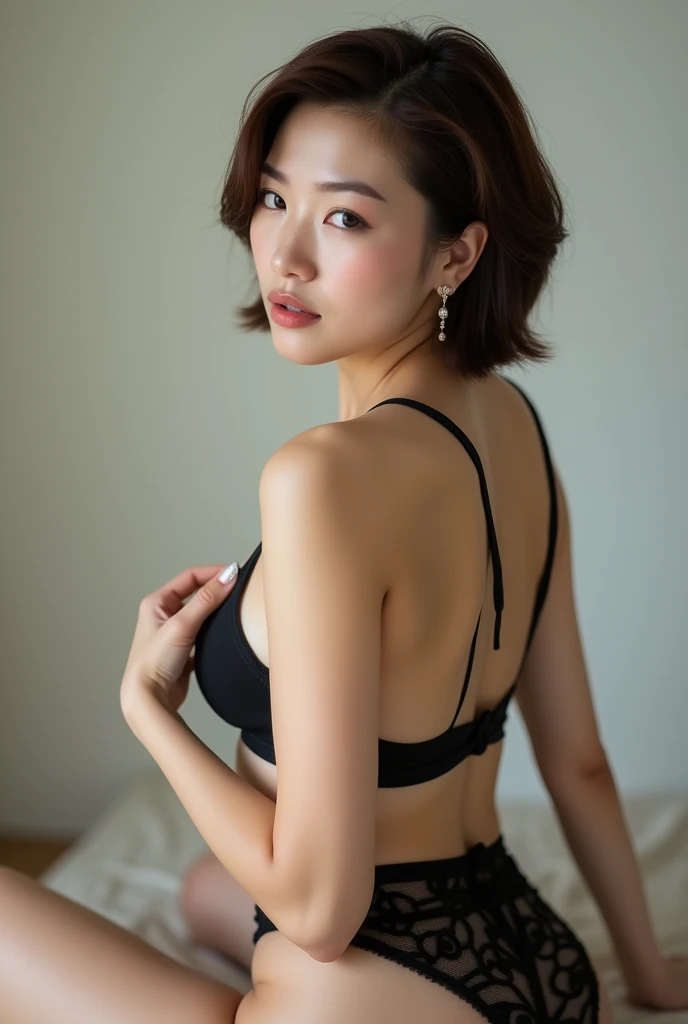 Japanese women、40 years old、Brown Hair、short hair、F Cup、Black lace string panties、Simple earrings、Perfect body、whole body、Leg spread、Close-up of underwear、Medium build、Put your hand on your panties