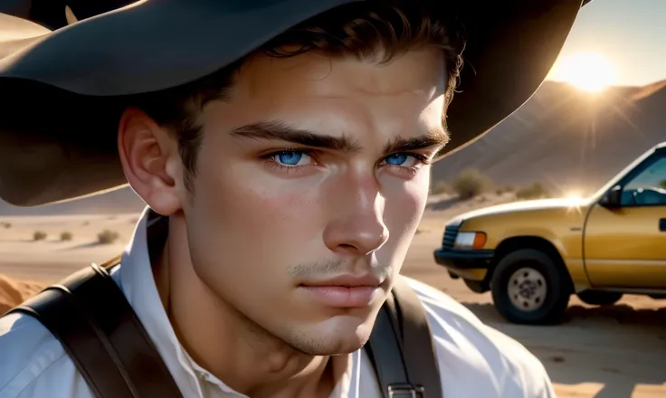 [((highly detailed, detailed eyes, detailed face, clear and realistic facial features, photorealistic, realistic light, cinematic, close up)), ((1 man)), ((((20-years old)))), ((((lithe attractive cute Amish man on Rumspringa)))), (((standing by a mechanic...