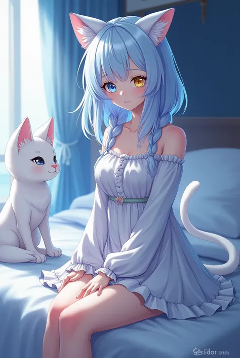 was a young woman sitting on the edge of the bed, has light blue hair, one blue eye and one yellow eye, white cat ears and white cat tail, white skin, Medium length hair is braided on both sides. There is Xiao from genshin impact sitting in the back rubbin...