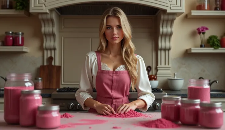 an ATTRACTIVE RUSSIAN woman, BLONDE, BEAUTIFUL, tattooed, fit, with strong muscular arms, WITH A NECKLINE on her blouse, with typical Russian clothes, she is 4, very young looking, well cared for, is making sweets and desserts with beetroot flour on a beau...