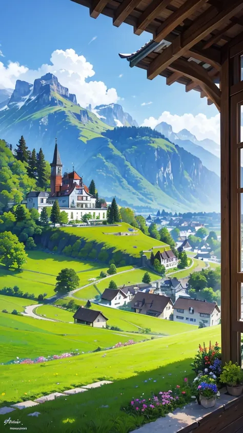 Quiet and idyllic countryside, Green hills with sheep grazing, Charming villa，Bright flowers々Surrounded by, The clear blue sky above, A sense of peace and simplicity, Beautiful valley, Switzerland, Specks of green field, Lush countryside, Lush valleys,Idyl...