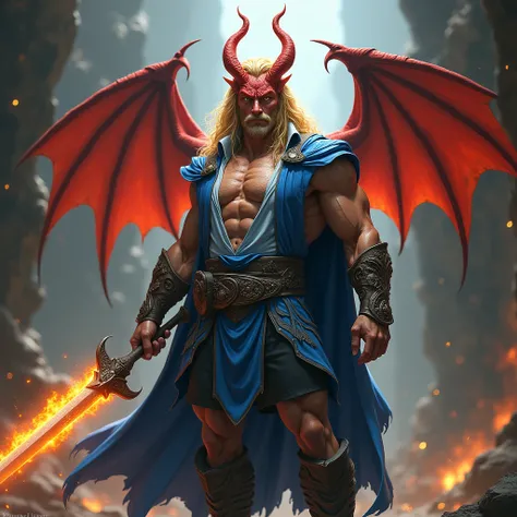 (Adult male:1.3), (golden-yellow long hair:1.2), (brown eyes:1.1), (blue short:1.3), (red dragon horns:1.3), (red dragon wings:1.25), (pumped up body:1.1), (blue cape:1.05 ), (light-blue shirt:1.1), (black trousers:1.2), (long flame blade:1.2), (human ears...