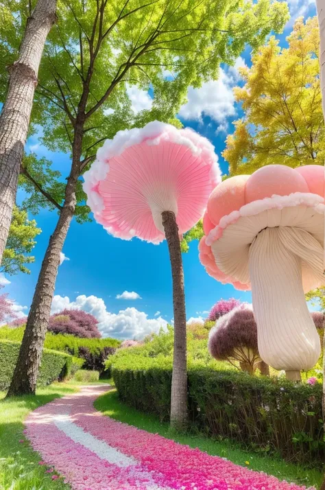 1girl, cute candyland, cotton candy sky, whimsical mushroom forest, colorful candy trees, lollipop plants, marshmallow clouds, bubblegum grass, gummy bear path, chocolate river, (best quality,4k,8k,highres,masterpiece:1.2),ultra-detailed,(realistic,photore...