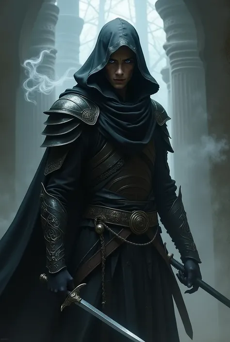 Create a DND style rogue being of the Dark Elf race with traces of shadows and smoke around him