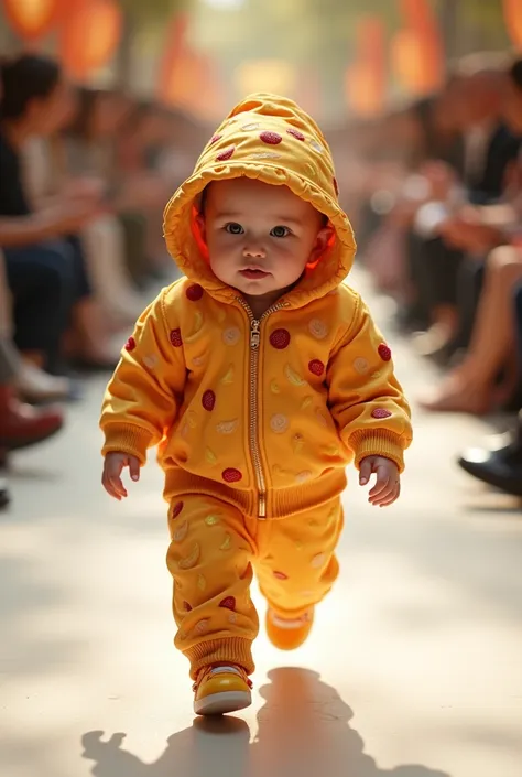 adorable human baby,  wearing an outfit made of embossed fruit tart slices, on the babys head a hat made of embossed fruit tart slices, the baby parading on the ultra realistic catwalk, ultra realistic 4k moving camera