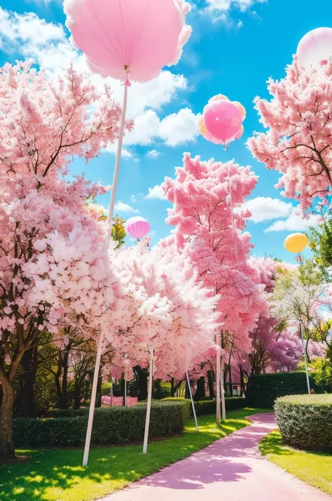 cute candyland, cotton candy sky, whimsical mushroom forest, colorful candy trees, lollipop plants, marshmallow clouds, bubblegum grass, gummy bear path, chocolate river, (best quality,4k,8k,highres,masterpiece:1.2),ultra-detailed,(realistic,photorealistic...