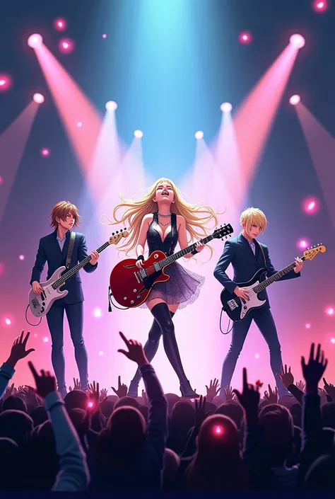 Drawing the concert scene of THE ALFEE。The three members stood in the center of the stage.、each々is singing powerfully while playing the guitar.。Takamizawa-san had her long, shiny blonde hair fluttering in the wind.、Dressed in gorgeous clothing、Brilliant le...