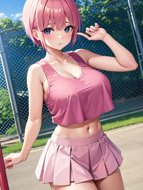 Photographed at the playground,Show the whole body,One Can Be, Ichika Nakano, Short Hair, Bangs, Blue eyes,Hair between the eyes, Pink Hair,Big Breasts,Cleavage,Cheerleader clothes