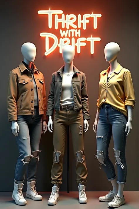 "Stylish mannequins wearing trendy thrifted outfits in front of a TWD: Thrift With Drift sign."