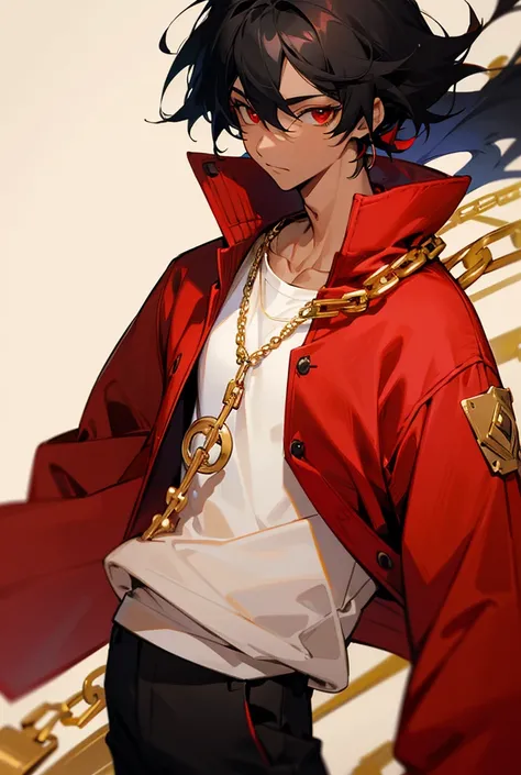 Tall,cute,man,black hair,skinny,tan skin,red eyes,gold chain,red cardigan,white tee shirt, black pants