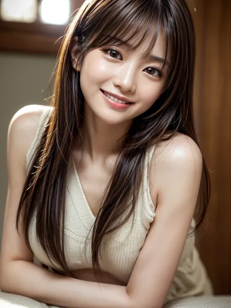 best quality, super detail, super detail, detailed beautiful eyes, textured skin, 8k, Cinema Lighting, 1 person, Beautiful Japanese Woman, 30 years old, light brown straight hair, thin hair, Narrow eyes:1.5, (smile:1.3), (Tilt your head), (Blurred Backgrou...