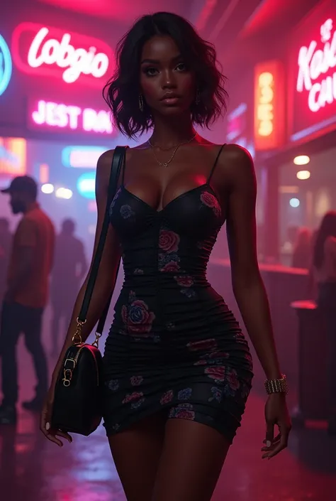 A curvaceous Black woman in a fitted, ruched mini dress with a deep V-neckline and a subtle floral pattern. The dress is paired with lace-up ankle boots and a small leather bag. Her hair is styled in a sleek, straight bob. The backdrop is a stylish urban m...