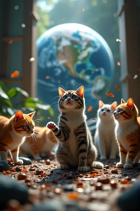 (Photorealism 1.2) , des chats qui font tout tomber , sur la planète terre , clair obscur 4k