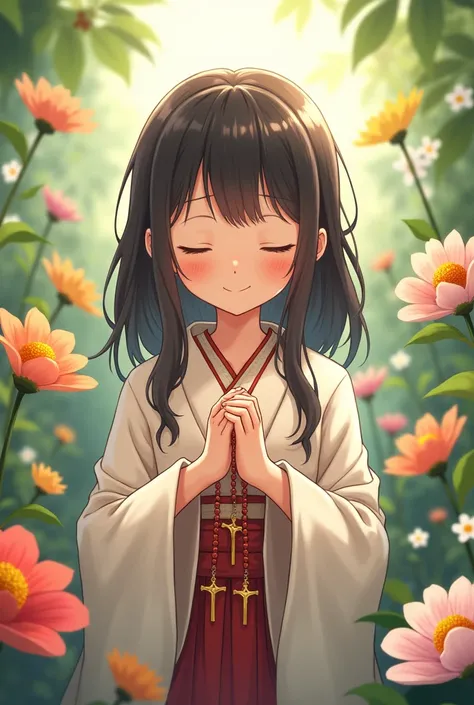 Happy Japanese girl surrounded by flowers praying with a rosary with a cross in front of her