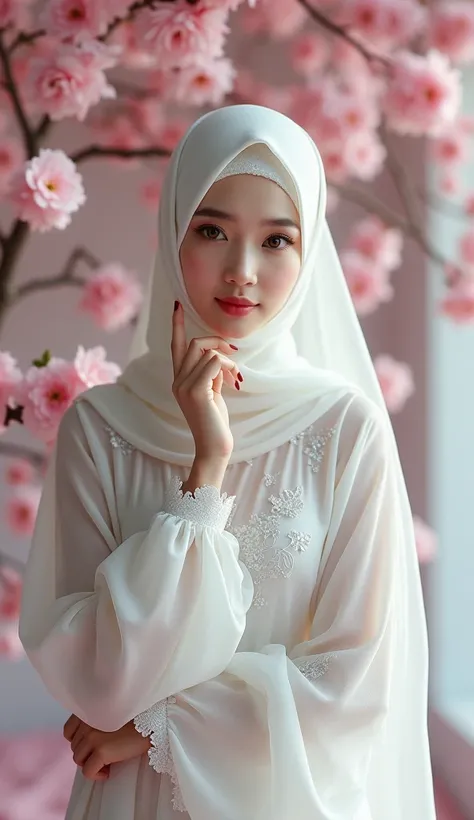 White jilbab with see-through abaya dress, hijabi, sexy, (1), muslim fashion, Asian muslimah, portrait, small breasts, , 8k portrait of beautiful and playful girl with hijab, ( inside), full body:1.2, perfect fingers, beauty maroon nails, (transparent see ...