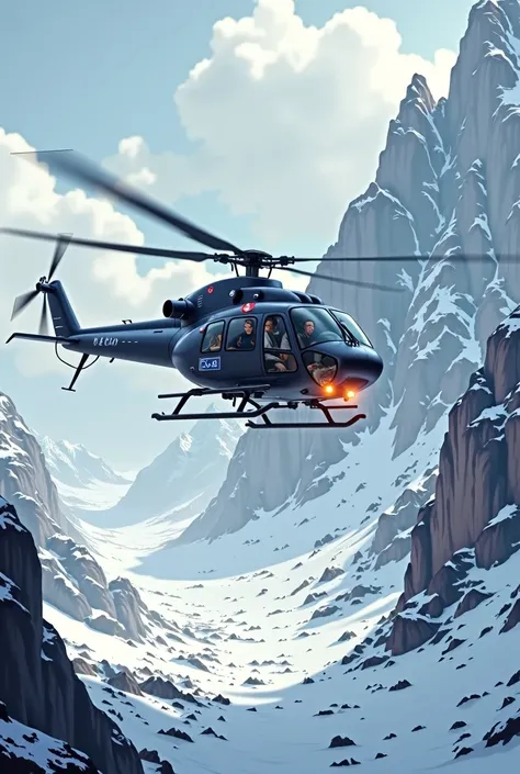 A rescue helicopter. Searching for the wounded in a valley of snowy mountains 