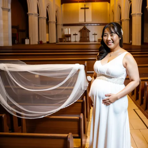 a photo of one 30 year old Asian woman smiling chubby pregnant lady, wearing a white wedding dress , a comically large bloated round belly, standing inside an empty church.