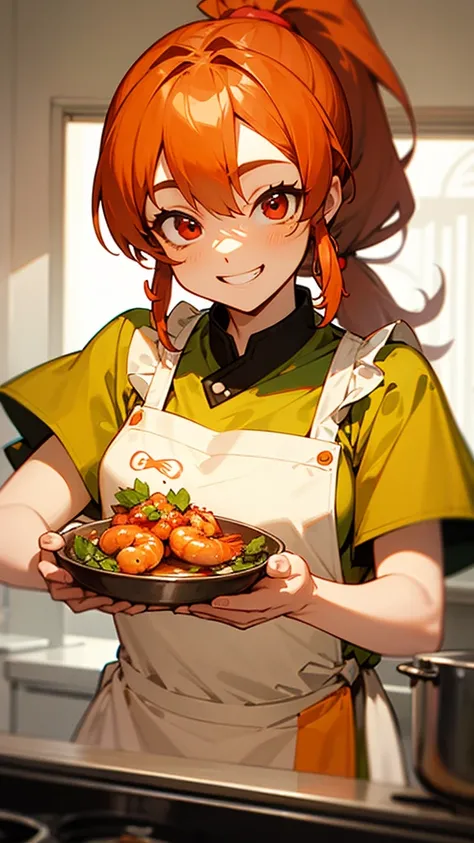 Cute shrimp woman is cooking delicious food in the kitchen、Orange Hair、ponytail、Round red eyes、Peasant tunic with ethnic patterns、Yellow apron、Grin、Upper body close-up