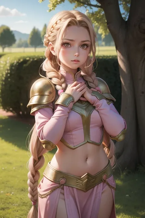 faith pencil, 1 girl, standing alone, looking ahead at viewer, blush, bangss, mitts, trunk, Braid, hair elastic, plein-air, parted lips, sky, giorno, hands up, pink eyes, armors, tree, covered navel, nblurry background, hand on one&#39;s chest, shoulder ar...