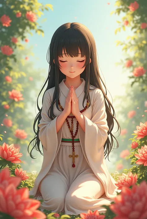 Happy Japanese girl with hair surrounded by flowers praying with a rosary with a cross in front of her