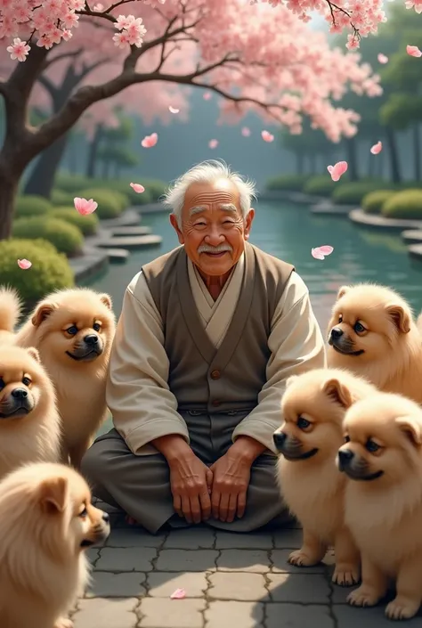 A Japanese grandfather surrounded by Pekingese dogs