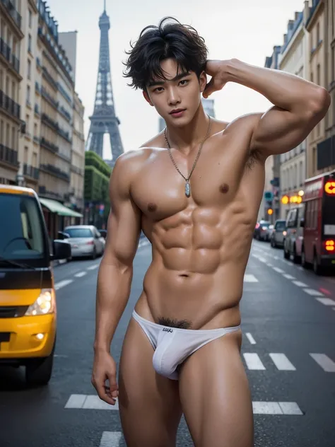 Boy in the crowded street in Paris, amazing Paris street scenery, Crowded paris street, Eiffel tower scenery, Eiffel tower in the background, Full body photo, very wet body,  Very thin thong, Proudly showing off his sweaty very hairy armpits, completely na...