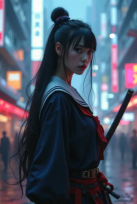 Long-haired japanese female fighter ,,japanese noh mask and sailor uniform、cool posing、at tokyo cyber city、傍らに小さなコツメカワウソ