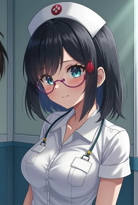 A 20-year-old nurse with big breasts, a nurse uniform, black hair, a petite girl, wearing glasses, is having sex with a boy.